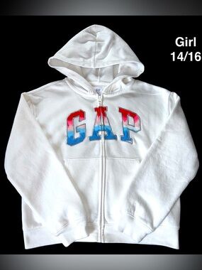 GAP Kids White Zip Hoodie with Red & Blue Logo Size 14/16